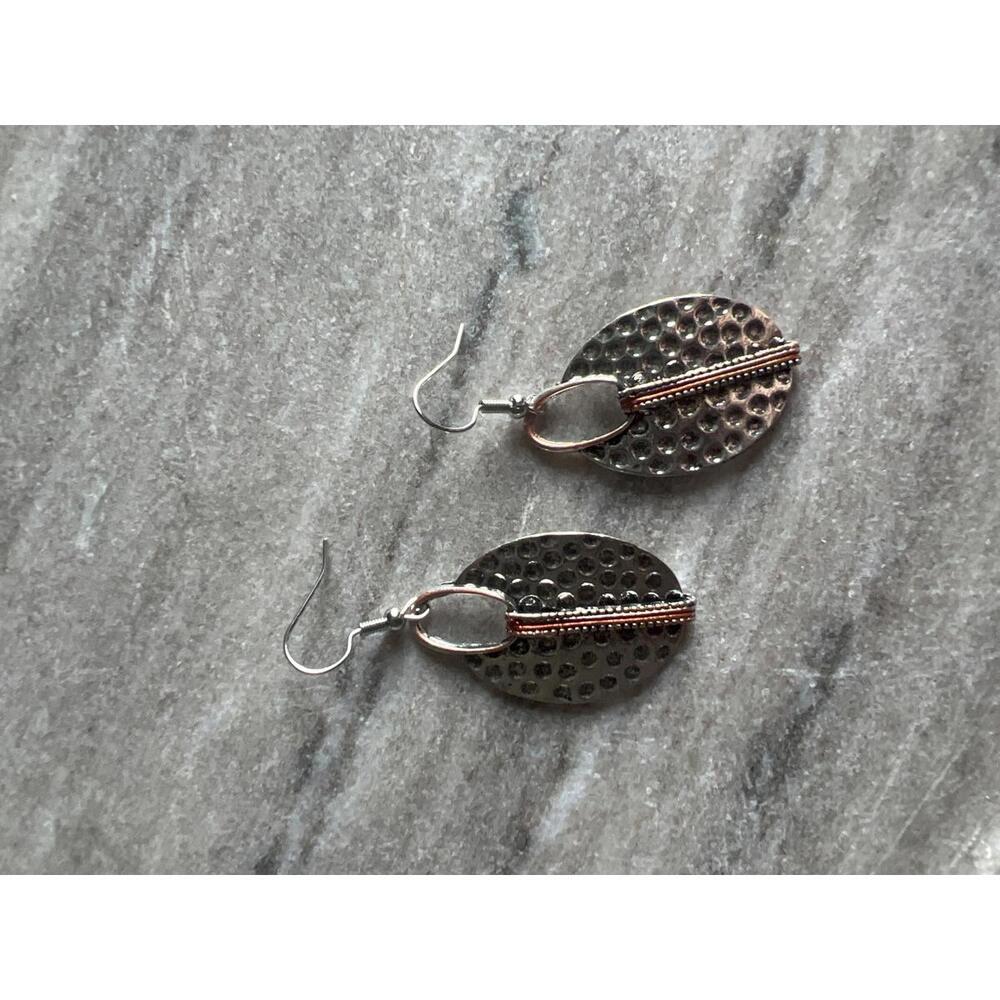 Metallic Oval Dangle Earrings with Textured Design